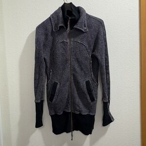 Free People Small Full Zip Cotton Jacket Blue Layered Distressed Black Dbl Zip